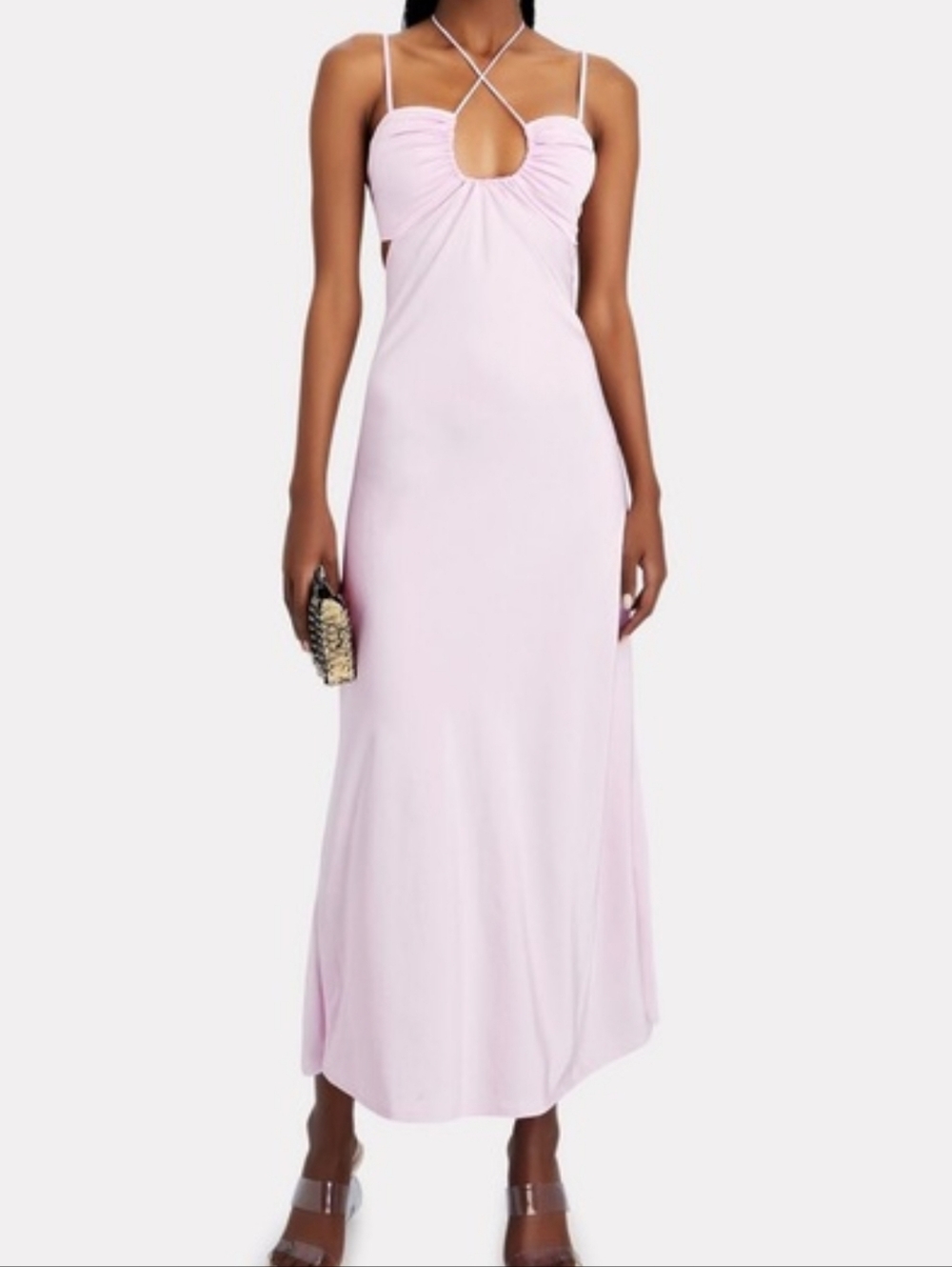 Pink Maxi Backless Gown with Plunge Neckline for Prom